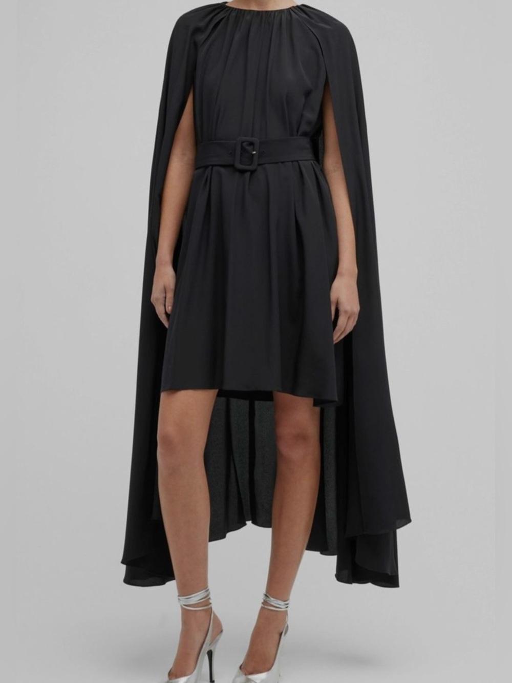 Arias Dress 10 Black Silk Asymmetrical Drapey Crape Halter Midi Formal Cocktail